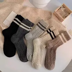 Harajuku Retro Women Socks Autumn Winter Thicken Warm Middle Tube Socks Japanese Style Striped Wool Cashmere Thermal Long Socks