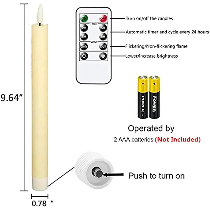 6Pcs/Set Long Candles LED Flickering Taper Candles Battery Powered Flameless Candles Timer Candle with 10-Key Remote for Wedding