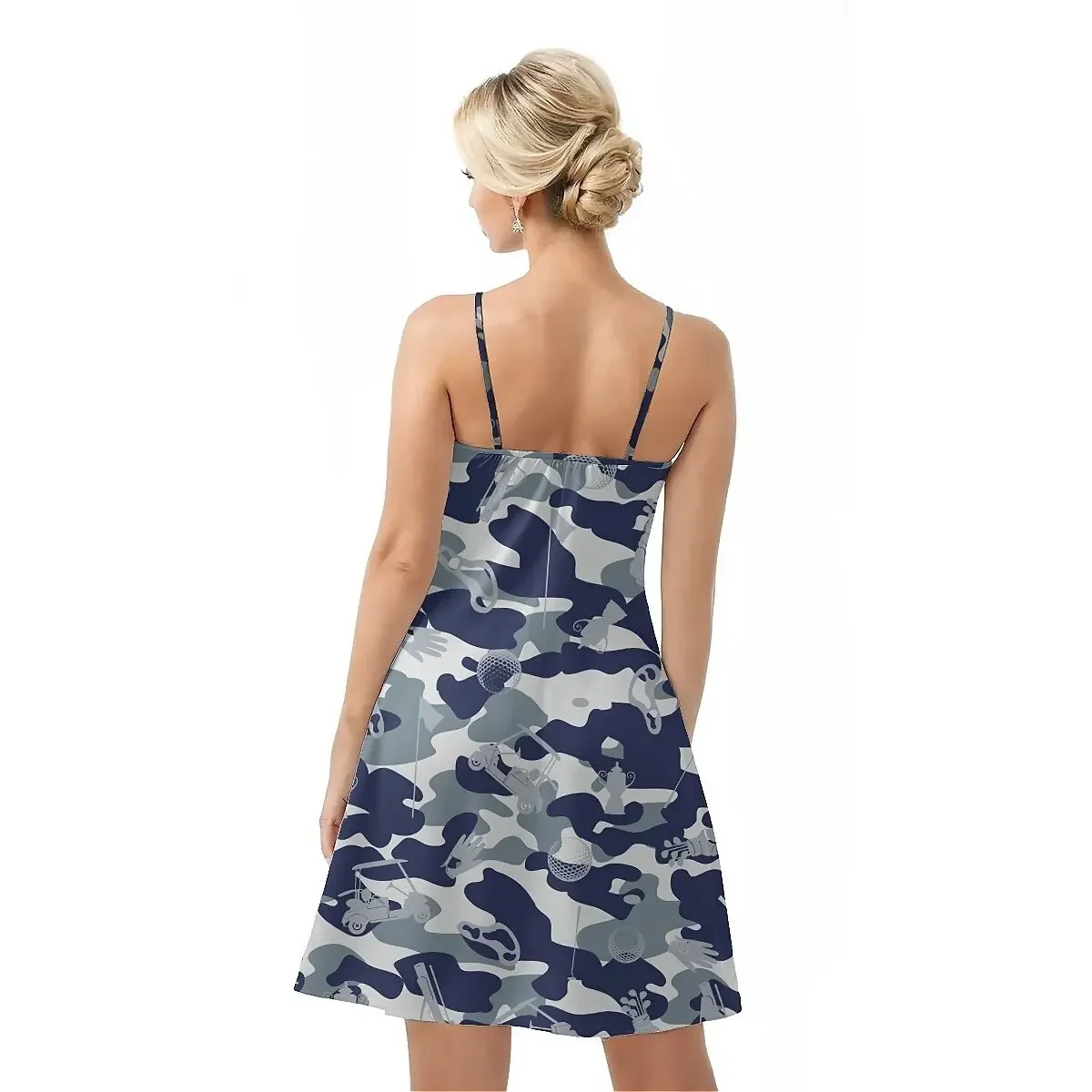 Jumeast Golf Pattern Women Fashion Button Sling Dress Blue Camouflage Beach Elegant Skirt Tropical Style Hawaiian Casual Clothes