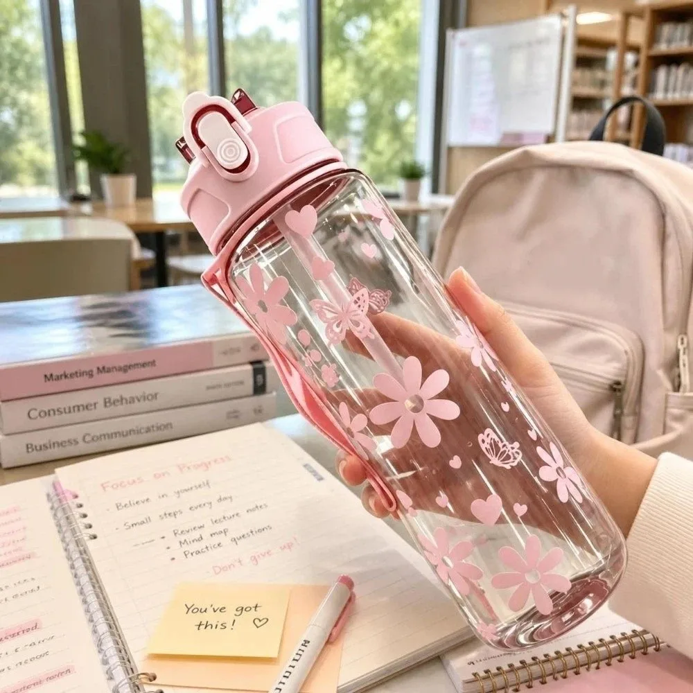 Lightweight 800ML Water Bottle Bow Flower Printed Leak Proof Sports Water Bottle Matte Large Capacity Water Cup Gym