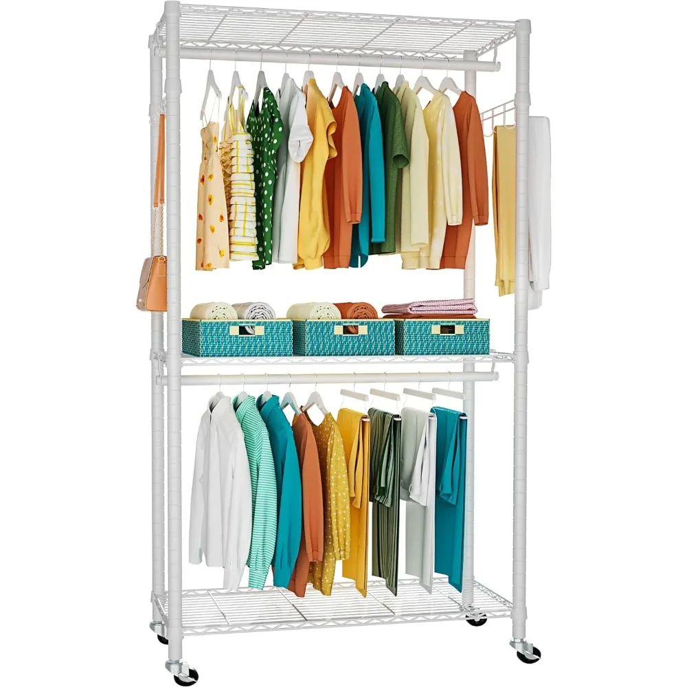 

Clothes Rack, 3 Tiers Adjustable with Lockable Wheels, Double Hanger Rods & 1 Pair Hooks, Max Load 450 LBS, Coat Rack