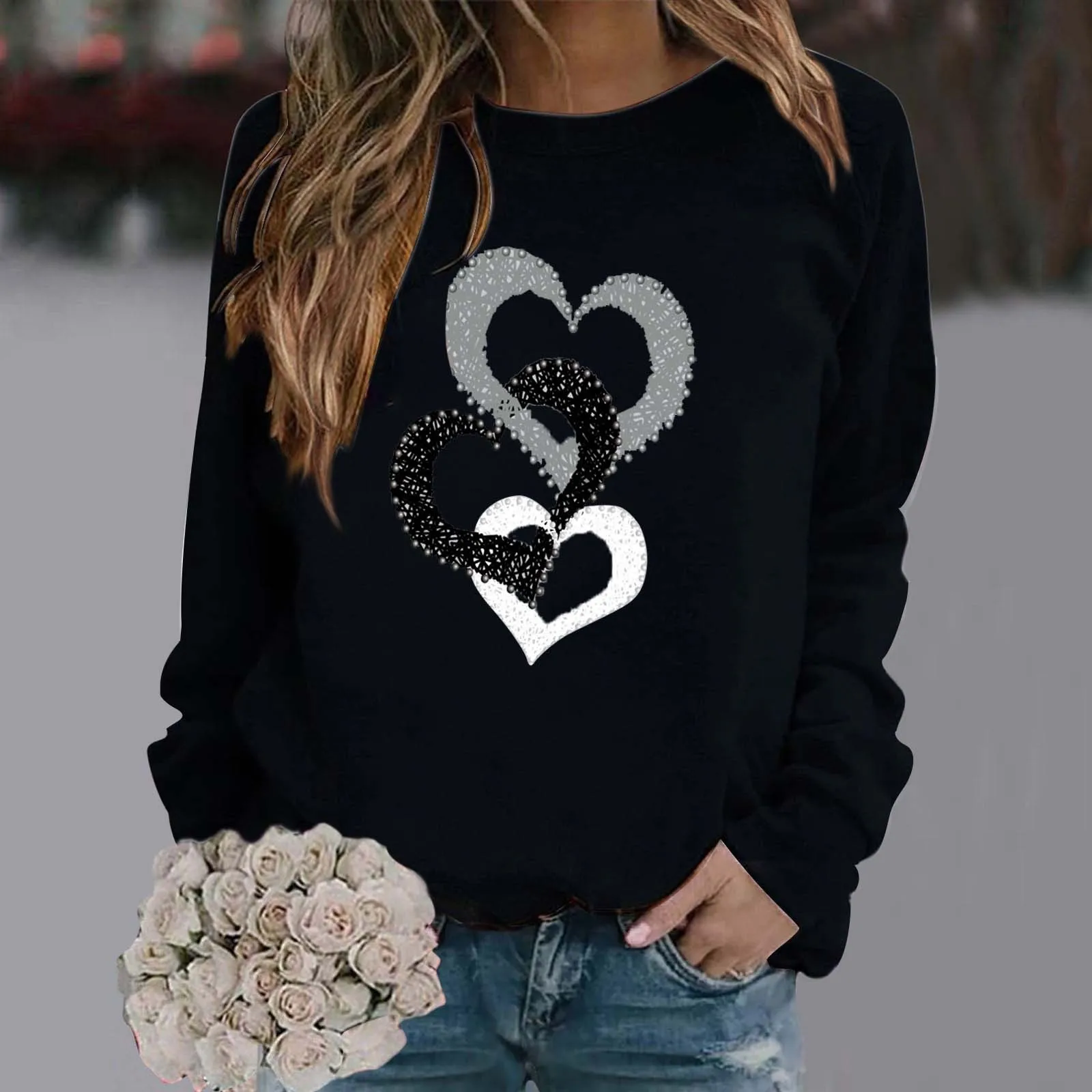 Valentine\'s Day Pullovers Women\'s Round Neck Casual Love Heart Printed Tops Leisure Sweaters Long Sleeve Outdoor Hoodies Clothes