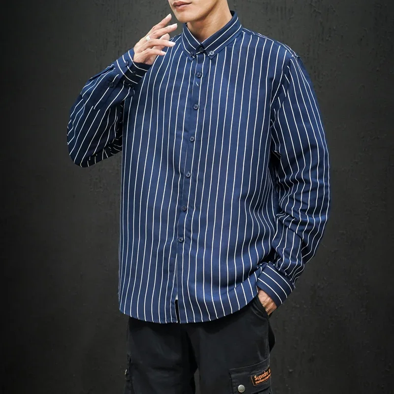 Korean Long Sleeve Striped Shirt Men Clothing Simple Slim Business Casual Blouse Homme Men Shirts Sweatwear