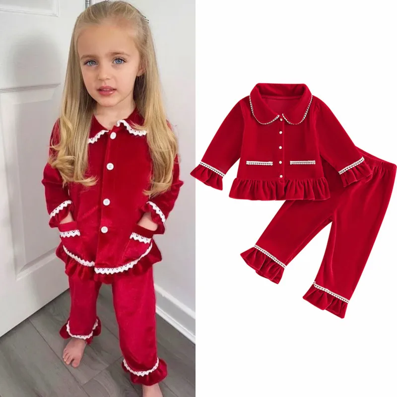 1-5Y Kids Girls Red Velvet Pajamas Set Children Autumn Winter Warm Long Sleeve Ruffle Shirts Pants Sleepwear Homewear Clothing