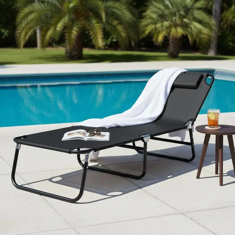 Folding Chaise Lounge Pool Chairs, Outdoor Sun Tanning Chairs with 5-Level Reclining Back, Steel Frame for Beach, Yard, Patio, Black