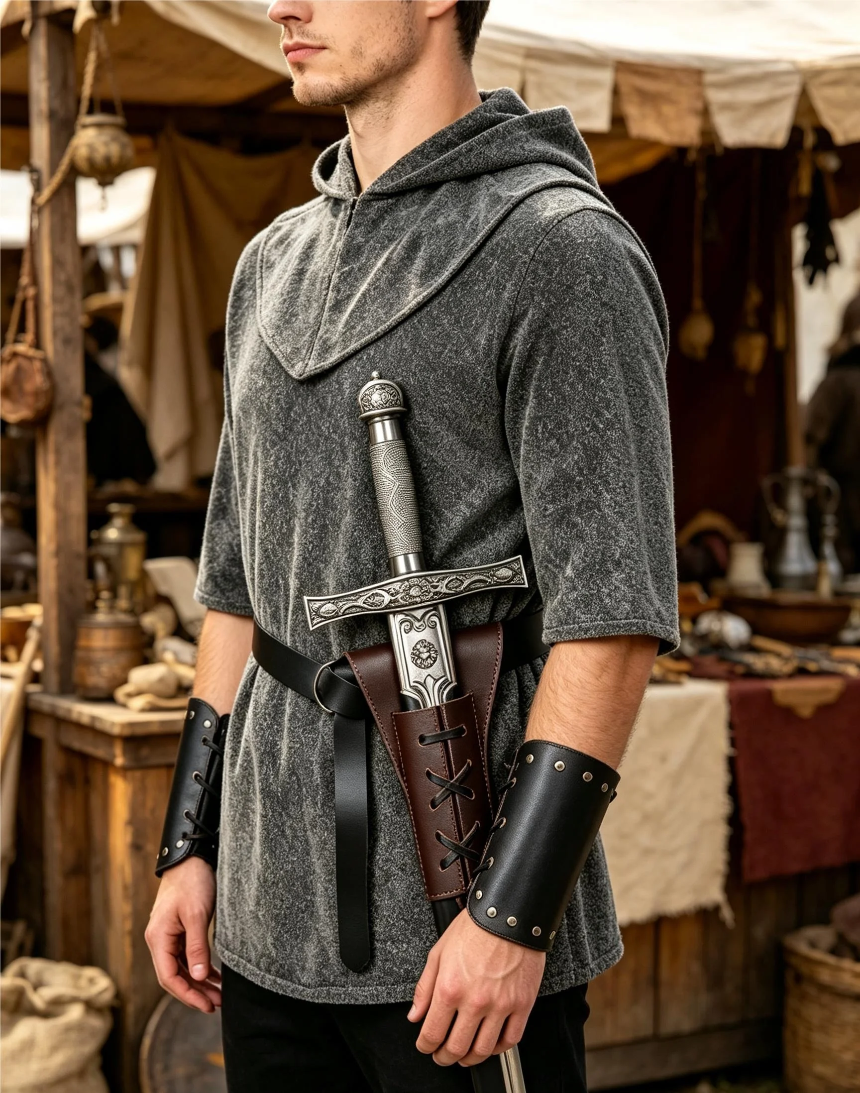 Disfraz de Caballero Templario Medieval para Hombre, Traje de Cosplay de Caballero Noble, Túnica Vintage Renacentista con Coif, Capucha, Brazales, Cinturón y Espada S