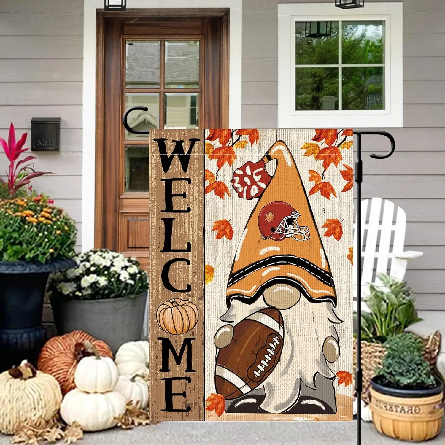 DLZDN Welcome Fall Gnome Garden Flag Autumn Gnome Football Maple Leaves Flag 12×18 Inch Double Sided Vertical Burlap Farmhouse Y