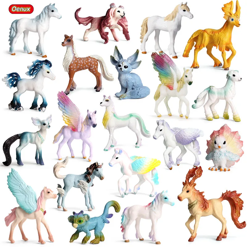 Oenux Original Genuine Fairy Tale Fly Horse Simulation Animal Mythical Elves Elf Pegasus Action Figures Model PVC Cute Kids Toy