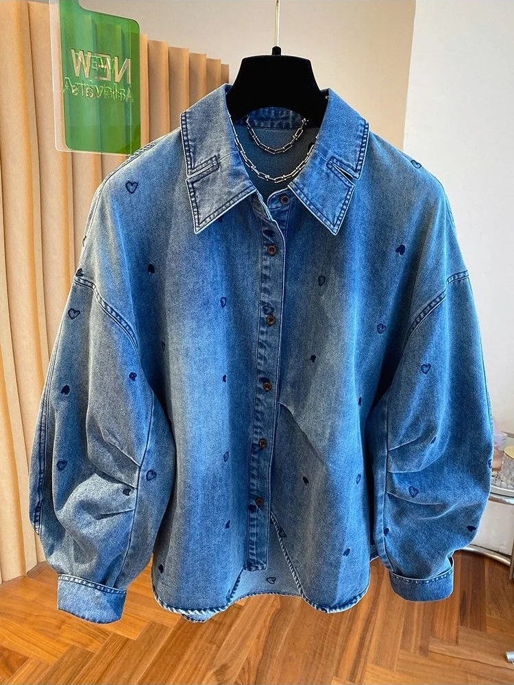 Blue Heart Patterned Denim Shirts Women Long-sleeved  Spring New Fashion Coats Top