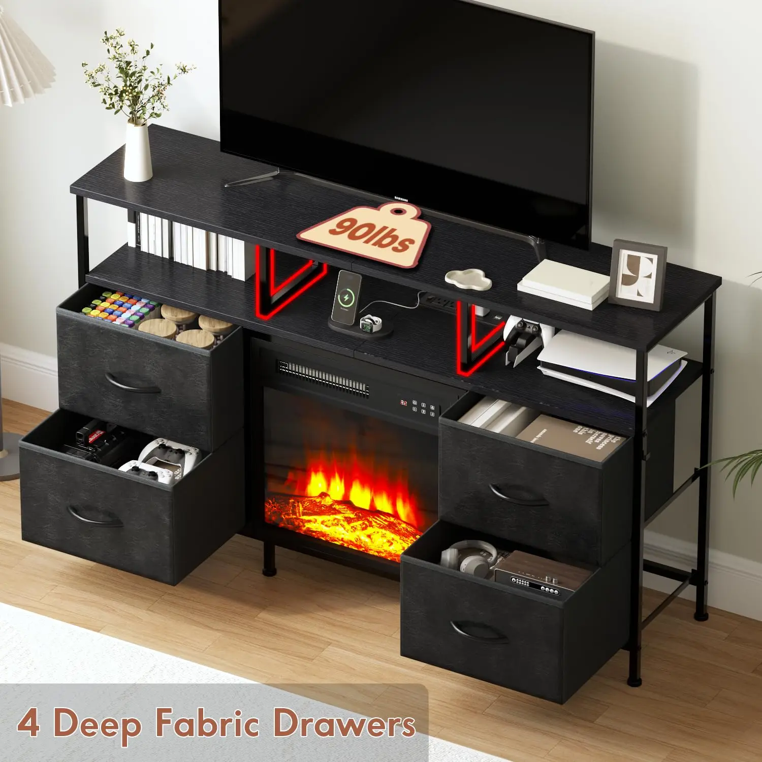 Fireplace TV Stand 4 Fabric Drawers LED Lights & Power Outlets Entertainment Center Open Shelf 50-55 Inch TV, Customized