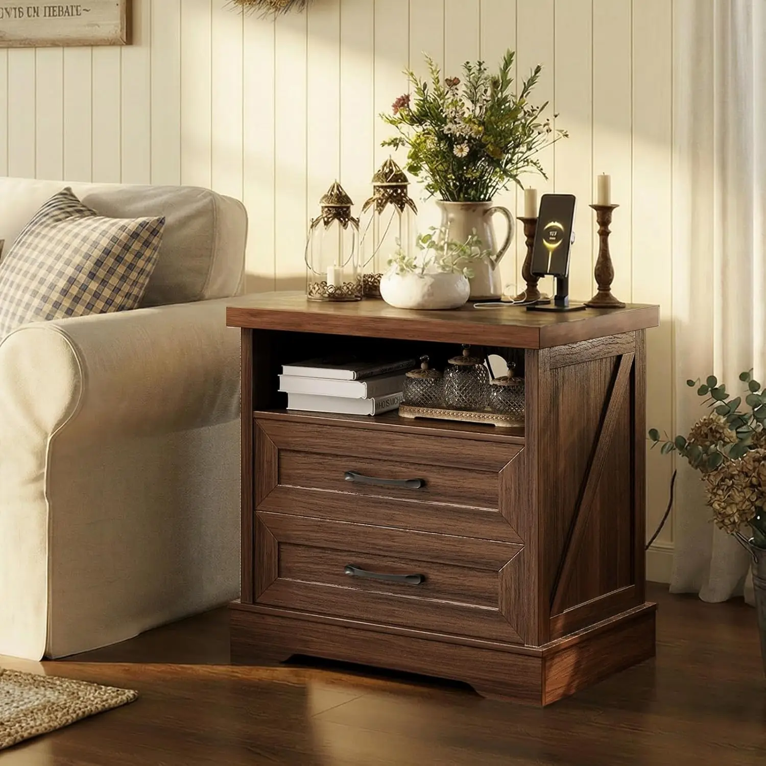 

Прикроватная тумбочка в стиле фермерского дома 24 дюйма с зарядной станцией, деревянная тумбочка с 2 ящиками, деревенский прикроватный столик из дерева, на заказ