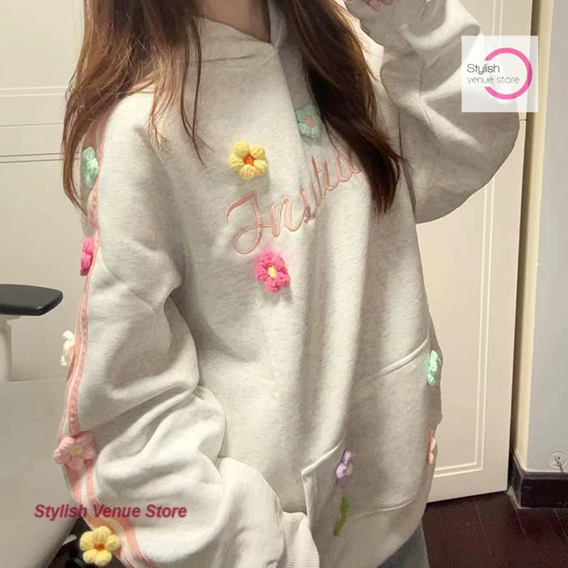 

American retro three-dimensional flower embroidery hooded sweater women's spring and autumn new loose casual little joker top