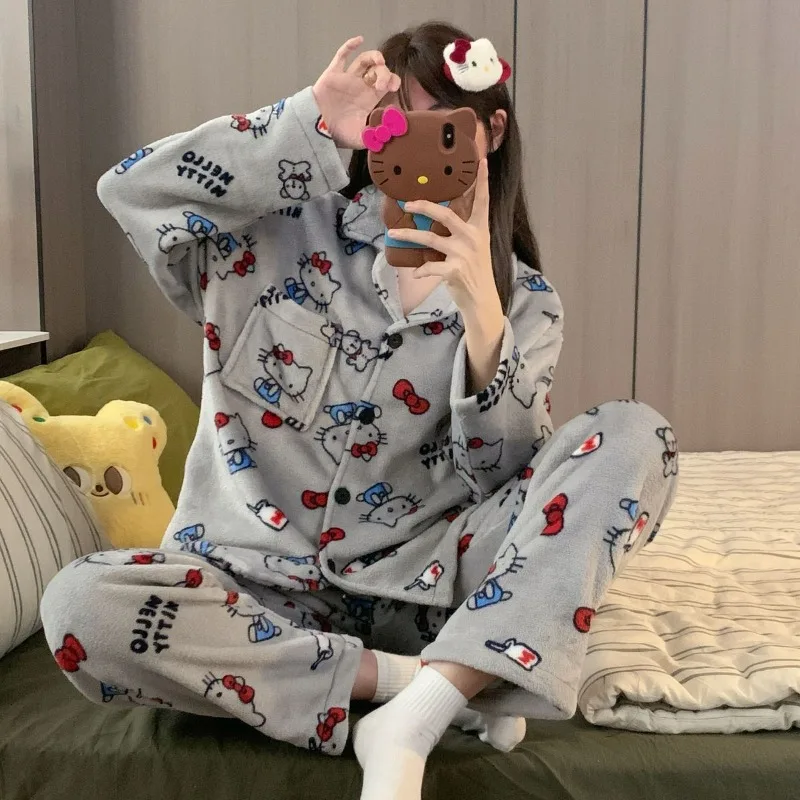 

Kawaii Hello Kitty фланелевой пижамный комплект для девочек в стиле аниме с героями мультфильмов, милая теплая домашняя одежда на флисовой подкладке с длинными рукавами, зимняя одежда с принтом KT