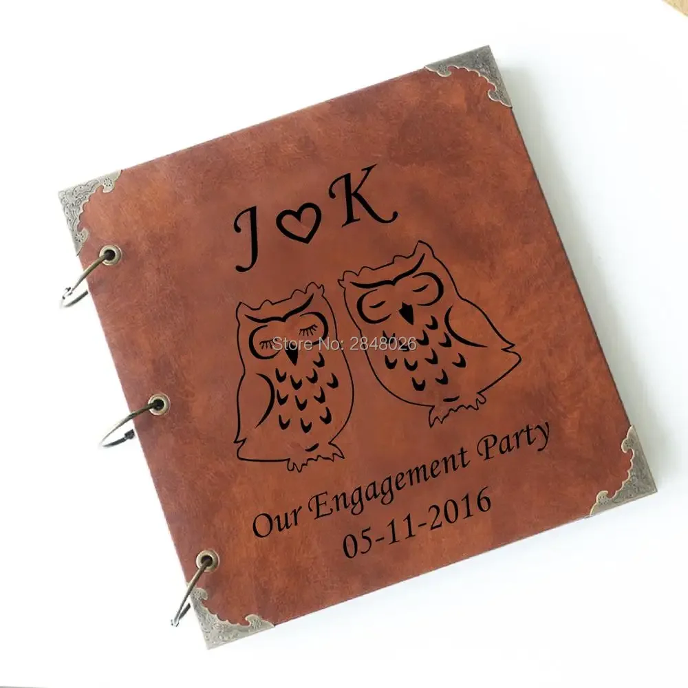 OWL engagement Leather Photo Album,Custom Wedding guest book, wedding gift, couple owl wedding album