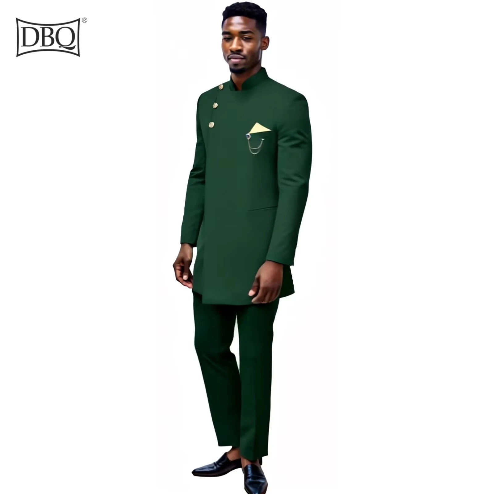 DBQ Mens Slim Fit 2 Piece Suit Three Button Gold Chain Jacket + Pants 2 Piece Set African Clothes