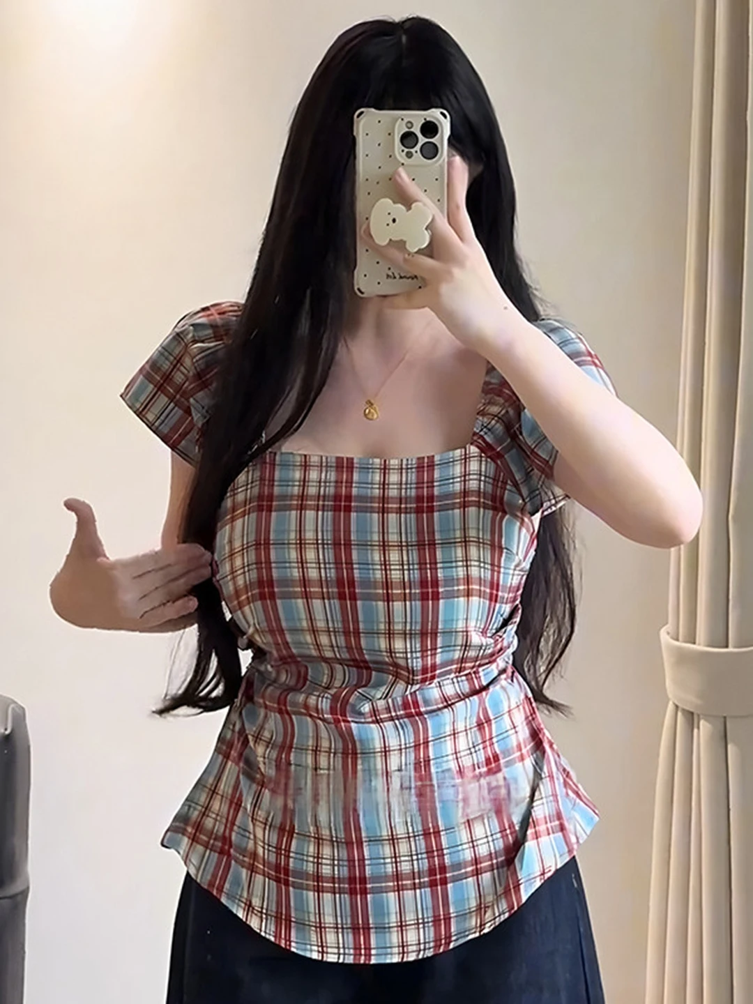 

plus Size Retro Plaid Shirt Women Summer Slim Fit Waist Cinched Beautiful Bubble Sleeve Shirt Korean Style Commute Fashion