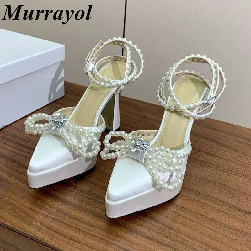 

Butterfly-knot String Bead Decor High Heel Sandals Women Pointed Toe Closed Toe Waterproof Platform Sandals Summer Dress Shoes