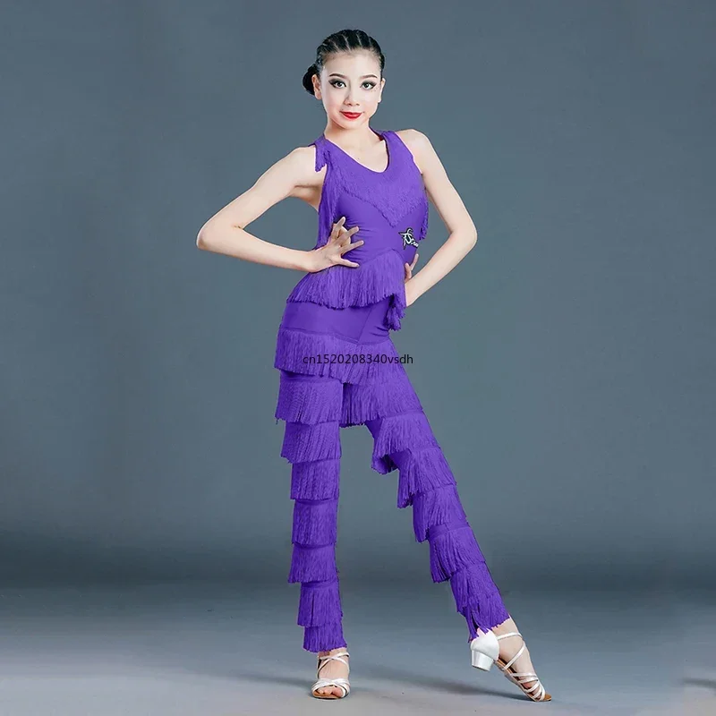 New Latin Dance Dress Girls Clothes Dance Performance Suit Children Fringe Jumpsuit Women Sleeveless Tassel Latin Pants
