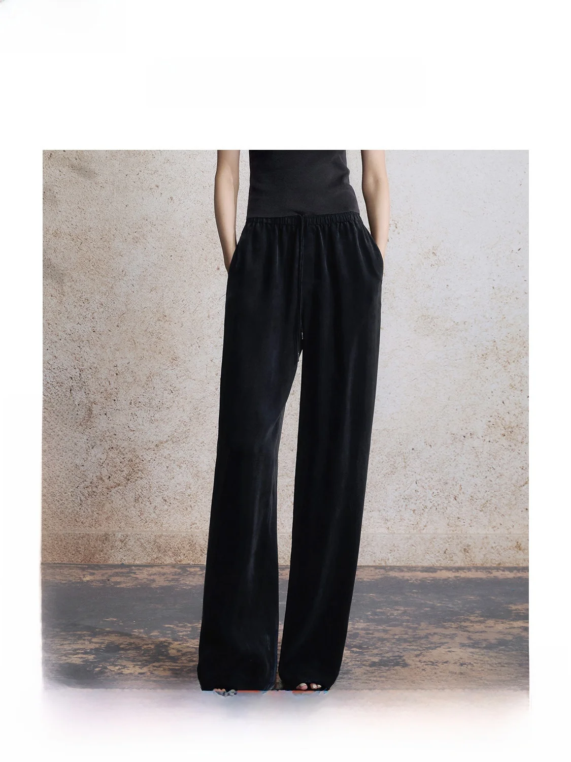 

ZhiZhi JinTang Ling Casual Loose Waist Velvet Feel Sand Wash Wide Leg Pants Women's Style Slimming Straight Cut Summer 2025