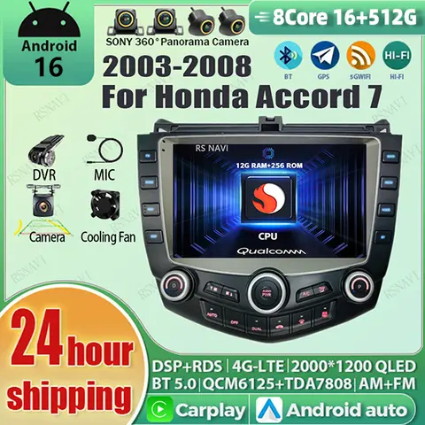 Android 16 Carplay Auto Qualcomm 2K QLED Screen Car Radio Player For HONDA ACCORD 7 2003-2008 GPS Stereo BT Wifi Multimedia DSP