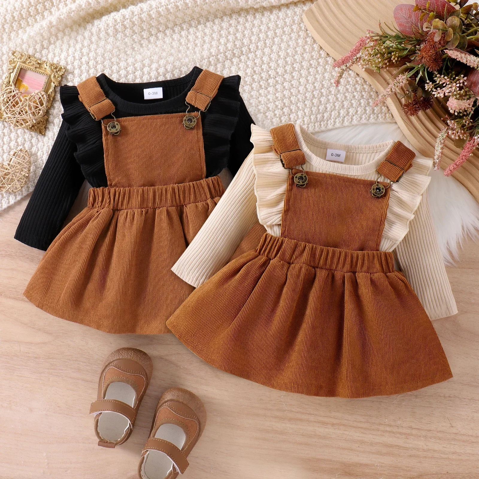 

2PCS 0-1 Year Old Girls Autumn Outfit Long-Sleeved Suit + Coffee Strap Skirt Comfortable Fashionable Set