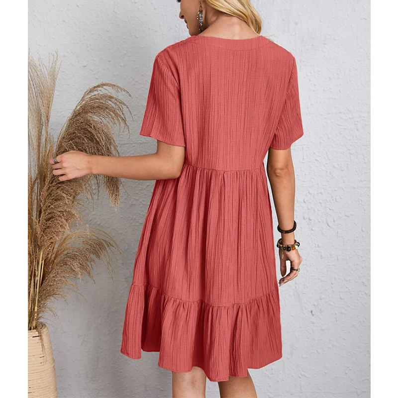 Summer Women Fashion Casual V-Neck Solid Long Dresses Vintage High Waist A-Line Simple Elegant Lantern Sleeve Party Dress
