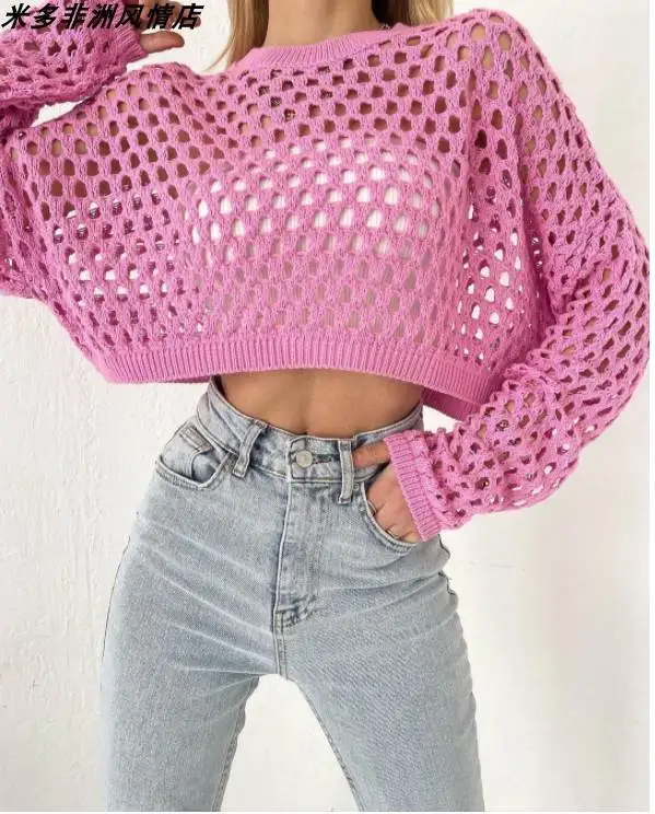 

Women's Loose Knitted Top Hollow out round Ne Bell Sve Sweater Faionable Breathable Casual Sle for Autumn Season