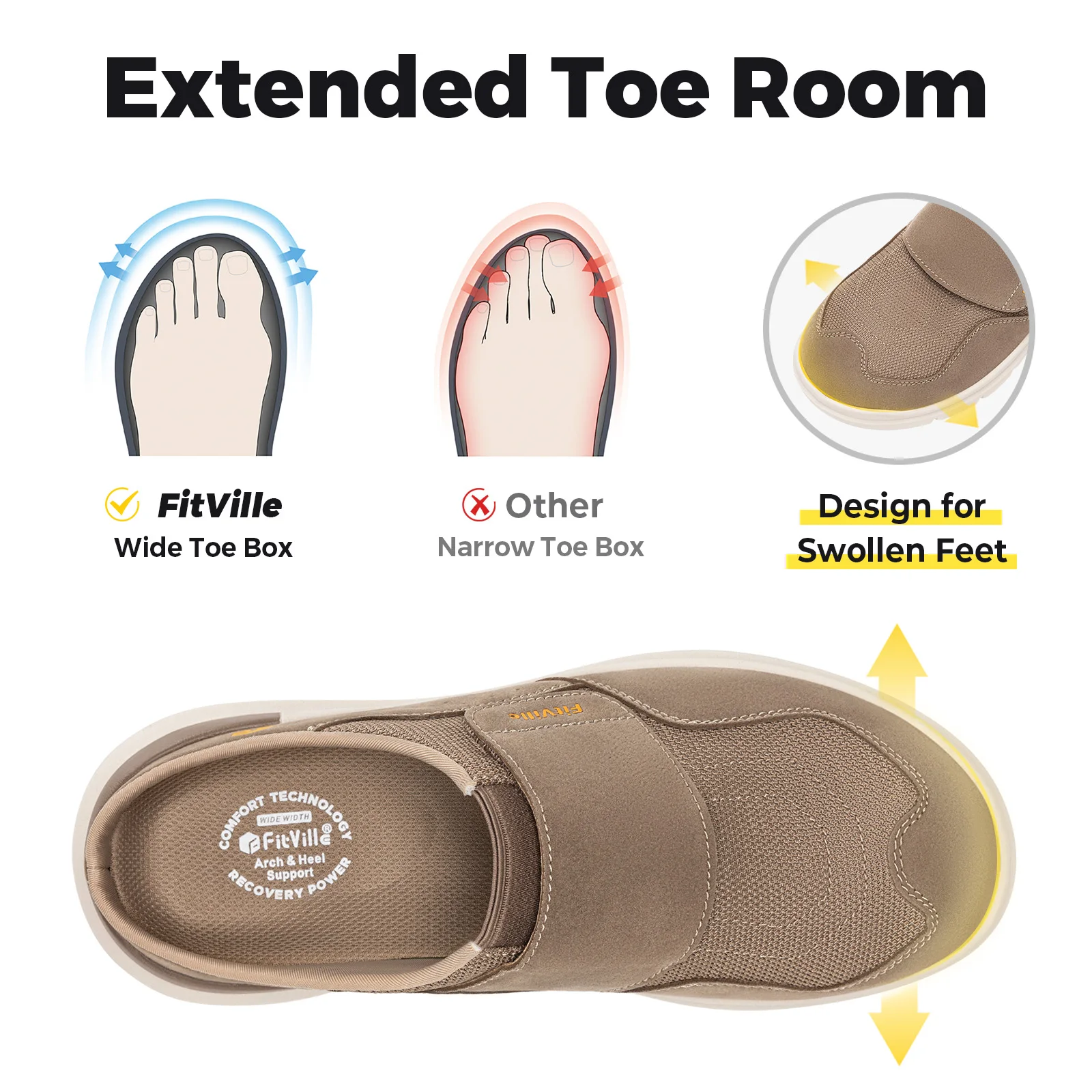 FitVille Men's Wide Fit Slippers with Arch Support Breathable Adjustable House Mules Orthopedic Indoor Walking Shoes