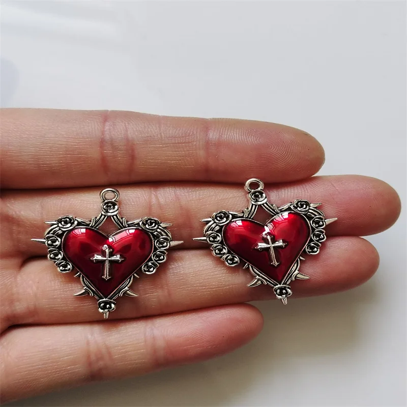 4pcs 30*34mm Thorn Rose Cross Heart Charms Enamel Halloween Pendant Designer Charms Fit Jewelry Making DIY Jewelry Findings