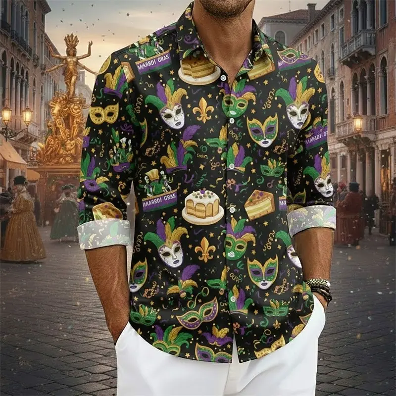 Mardi Gras Men's Graphic Color Block Shirt Button Up Shirt Long Sleeve Hawaiian Casual Comfortable Streetwear Spring & Fall