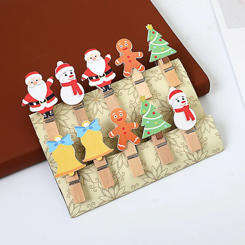 10Pcs Christmas Wood Clips Santa Claus Xmas Tree Mini Clothespins Socks Clip Card Paper Photo Clip Christmas New Year Home Decor