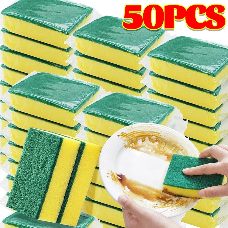 1/50pcs Magic Double-sided Cleaning Sponge Highly Absorbent Kitchen Dishwashing Pot Rust Stain Sponges Brushes Tools Wholesale