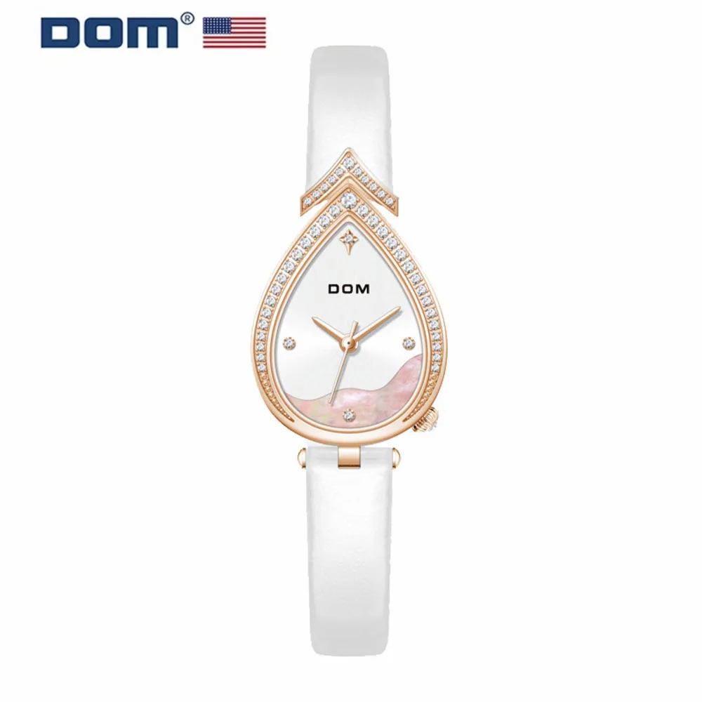 DOM 1538 Women\'s Quartz Watch Red Fashion Elegant Diamond Droplet Shap Pointer Leather Wristwatches For Ladies Watches Gift