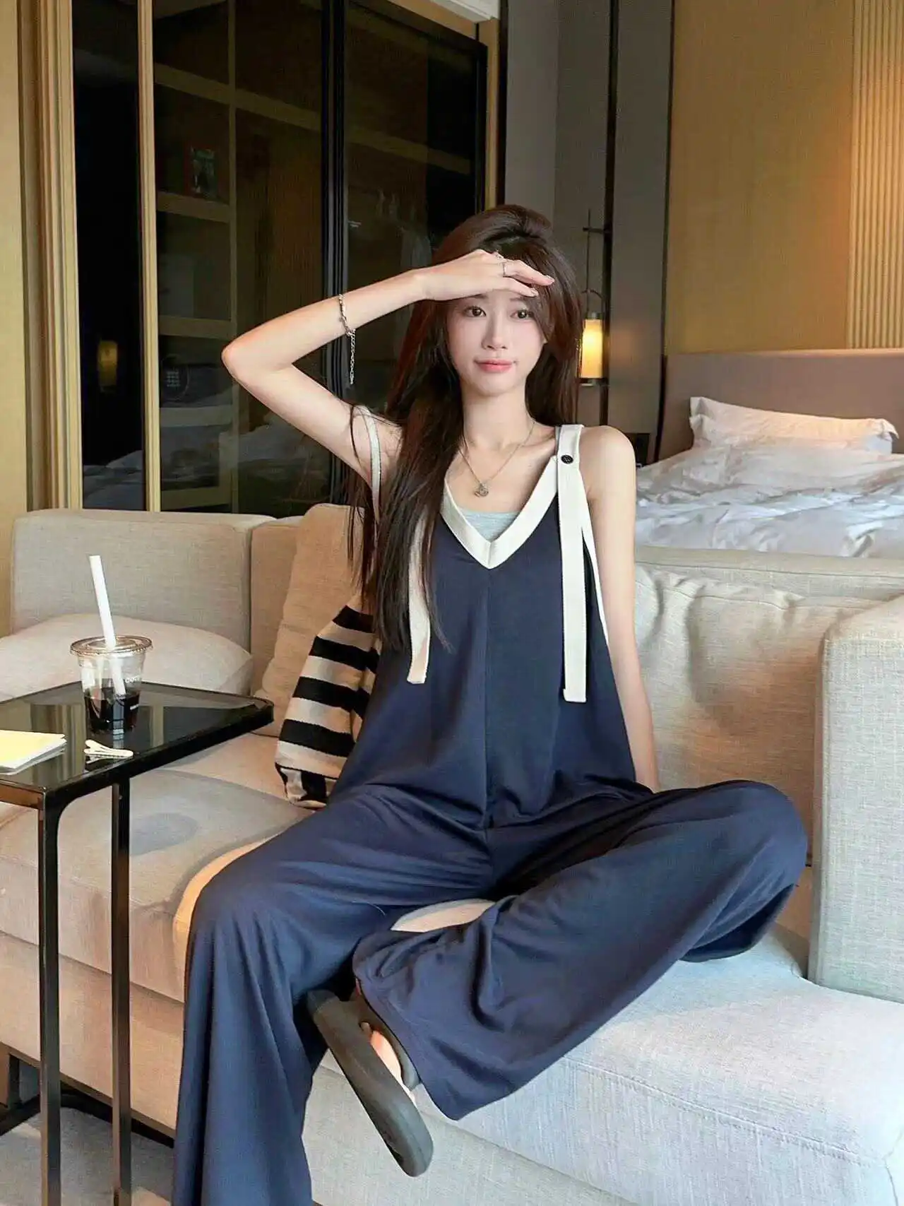 

Faionable Korean Sle Loose Button Splice Casual Daily Overalls Pants High Waist Wide Leg Long Summer 2024 Polyester