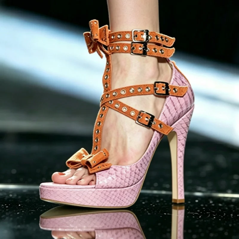 Pink Snake Print Platform Sandals Orange Rivet Straps Bow High Heels Shoes Mixed Patchwork Open Toe Shoes
