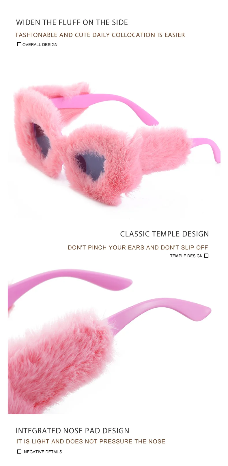 Modische Katzenaugen-Sonnenbrille für Damen 2026 Luxus-Markendesigner Rosa Weiche Fell-Samt-Sonnenbrille für Damen Handgefertigte Plüsch-Brillen – Detail 6