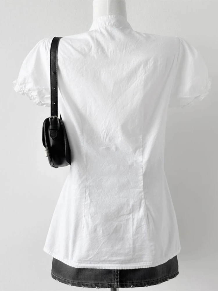 Deeptown White Basic Women Ruffle Shirts Elegant V Neck Short Sleeve Korean Fashion Crop Blouses Slim Japanese Preppy Jk Summer