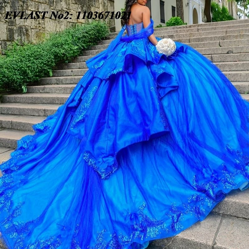 EVLAST Customized Princess Royal Blue Qinceanera Dress Ball Gown Lace Applique Beading Corset Sweet 16 Vestidos 15 Anos E2QA330
