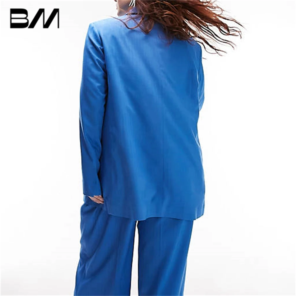 Double Breasted Plus Size Women Autumn Pantsuit Long Classic Royal Blue Fashion Suit Set Stylish Outfit For Women