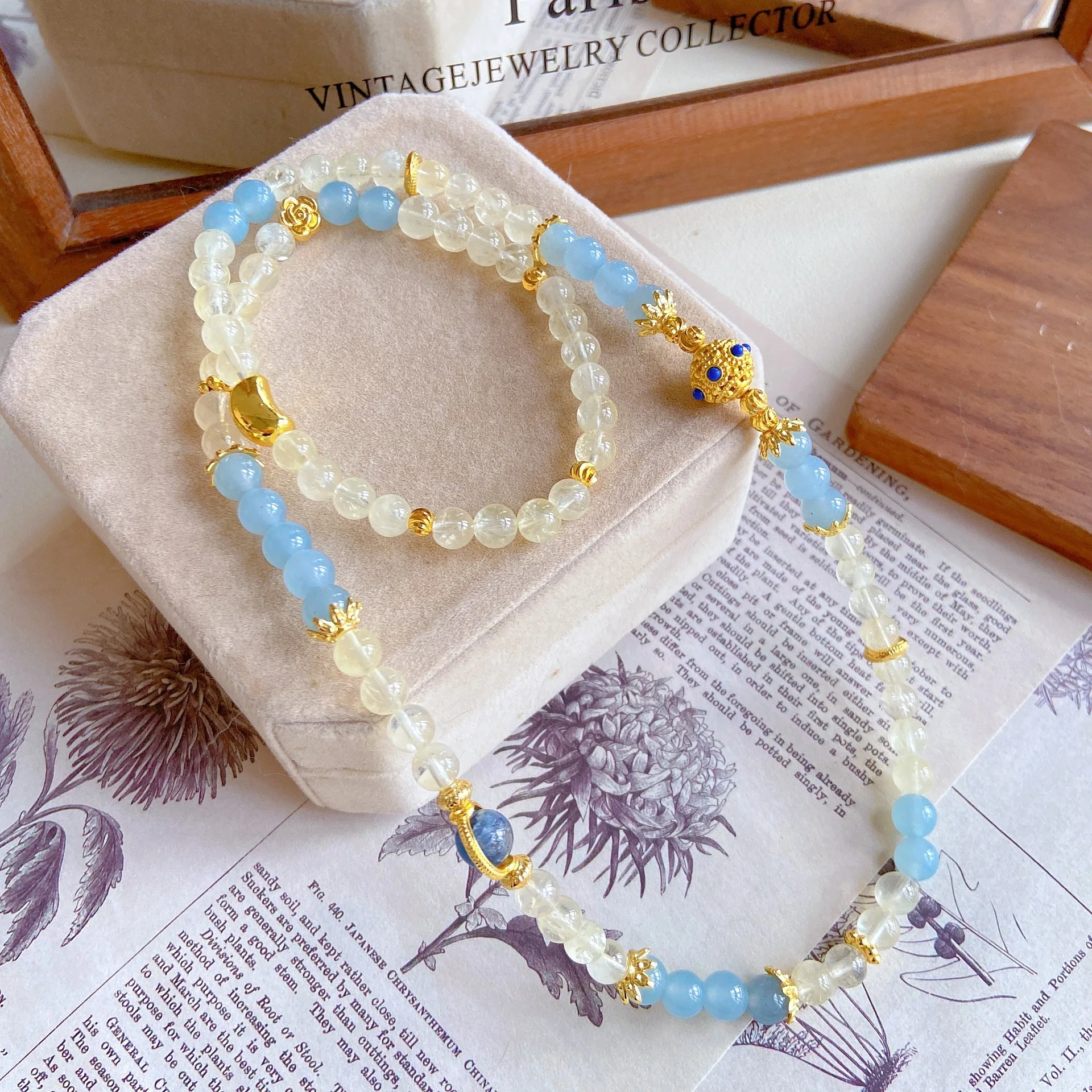 Chinese Style Lucky Blessing Natural Citrine Blue Chalcedony Double Layer Beaded Bracelet 6-7mm Women Good Fortune Wealth Summer