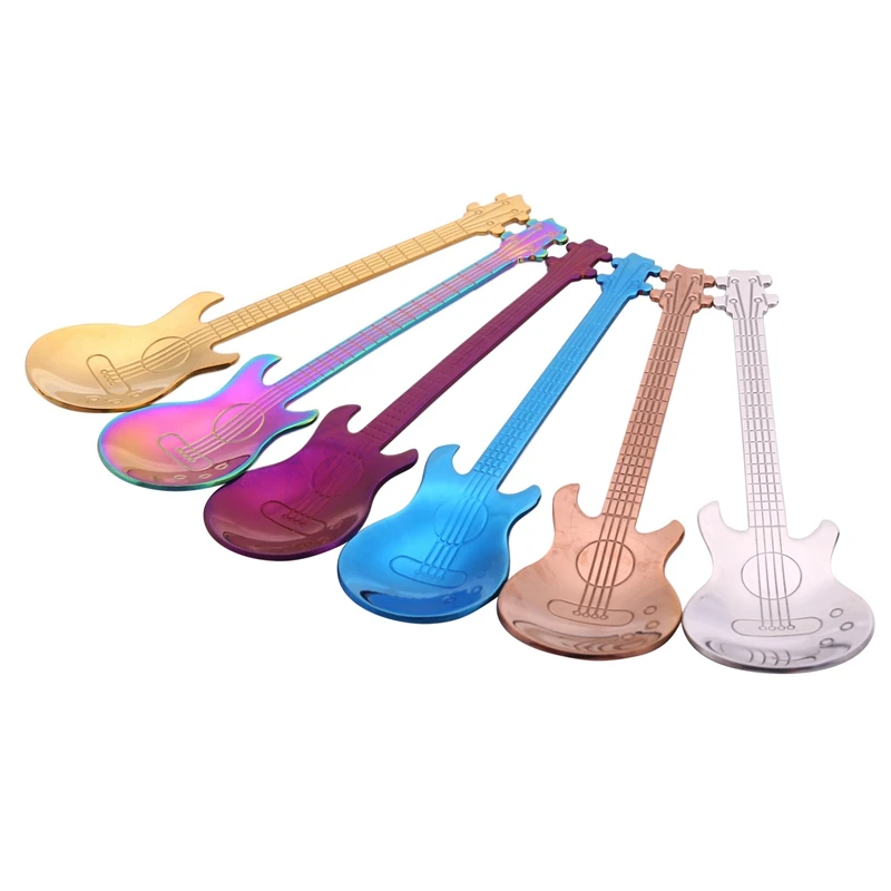 6 Pcs Coffee Teaspoons Guitar Spoon,Stainless Steel Colorful Dessert Spoon Musical Demitasse Spoon Cute Kitchen Utensil For Tea