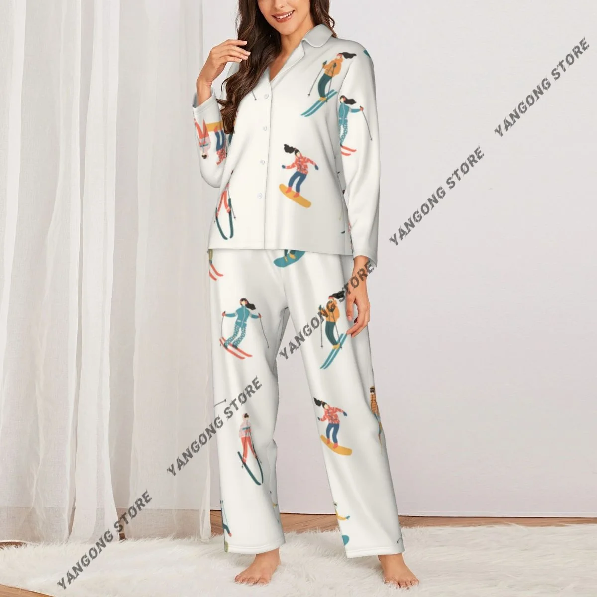 طقم بيجامات نسائية بنمط رياضي شتوي على الجليد مكون من قطعتين ملابس نوم بأزرار سفلية وأكمام طويلة