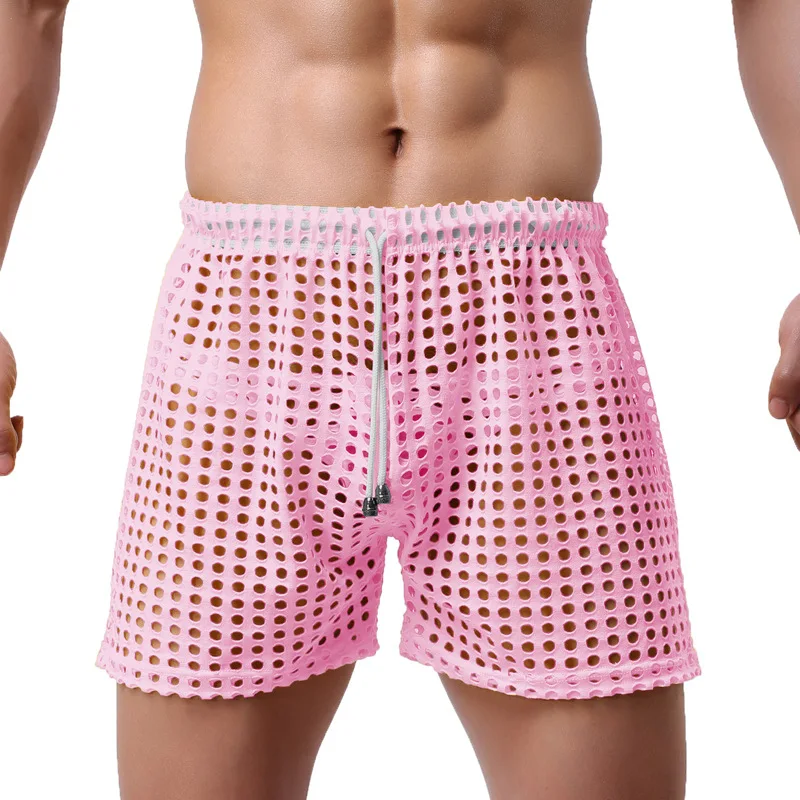 

Mens Trunks Mesh Fishnet Hollow Out Long Boxers Transparent Loose Causal Shorts Sleep Bottoms Quick-drying Home Wear