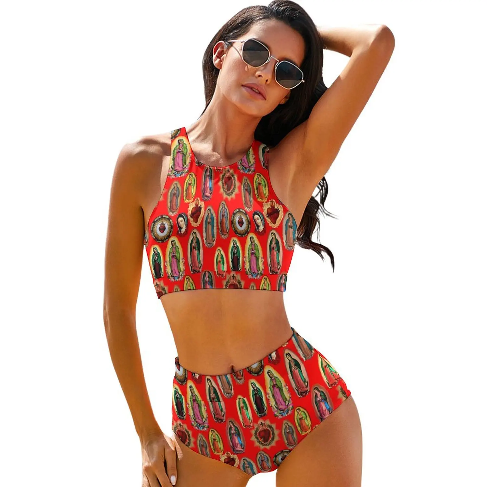 

Sexy Virgin Mary Bikini Swimsuit Our Lady of Guadalupe Swimwear High Waist Retro Bikini Set Tank Top Beach Outfits Large Size