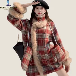 Women's Single Breasted Plaid Coat,Korean Woollen Jacket ,O-Neck, Loose Tops, Female Clothes, Sweet, New, Autumn, Winter,2024
