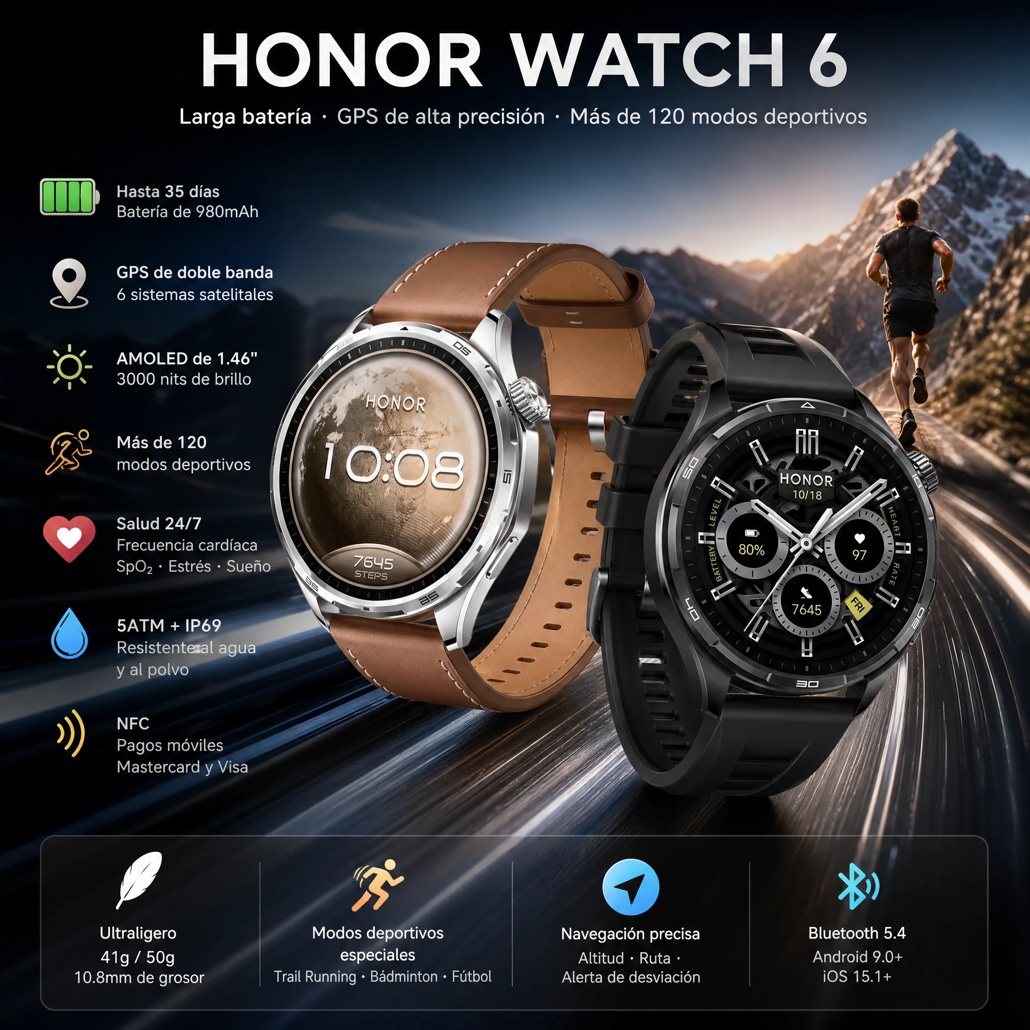 Smartwatch – Reloj inteligente Honor Watch 6, NFC, Batería de 980mAh con 35 días de autonomía, Pantalla AMOLED de 1.46″ , GPS de doble banda y 6 satélites, 120+ modos deportivos, Resistencia 5ATM + IP69, Compatible con iOS y Android 3