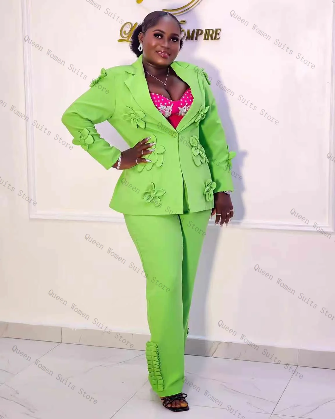 

Green Flower Women Suit Set 2 Piece Cotton Blazer+Pants Trousers Formal Office Lady Guest Jacket Wedding Prom Coat Customized
