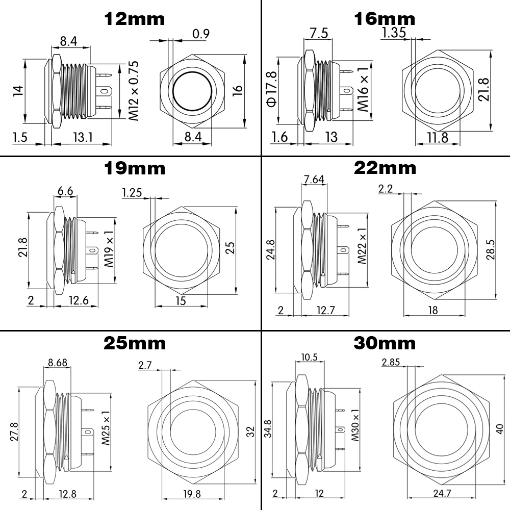 12/16/19/22/25/30mm Short Stroke Mini Waterproof Metal Push Button Switch Power Led Light Momentary 5/12/24V Black 1NO Red Green