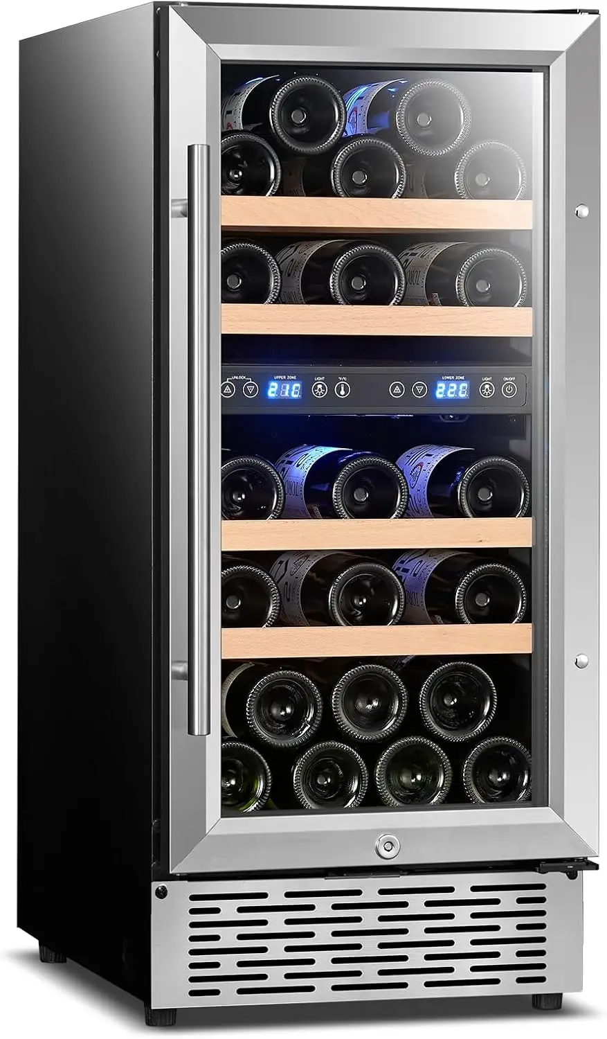 

15 Inch Wine Cooler, 28 Bottle Wine Fridge with Stainless Steel Tempered Glass Door, Fit Red & White Wine