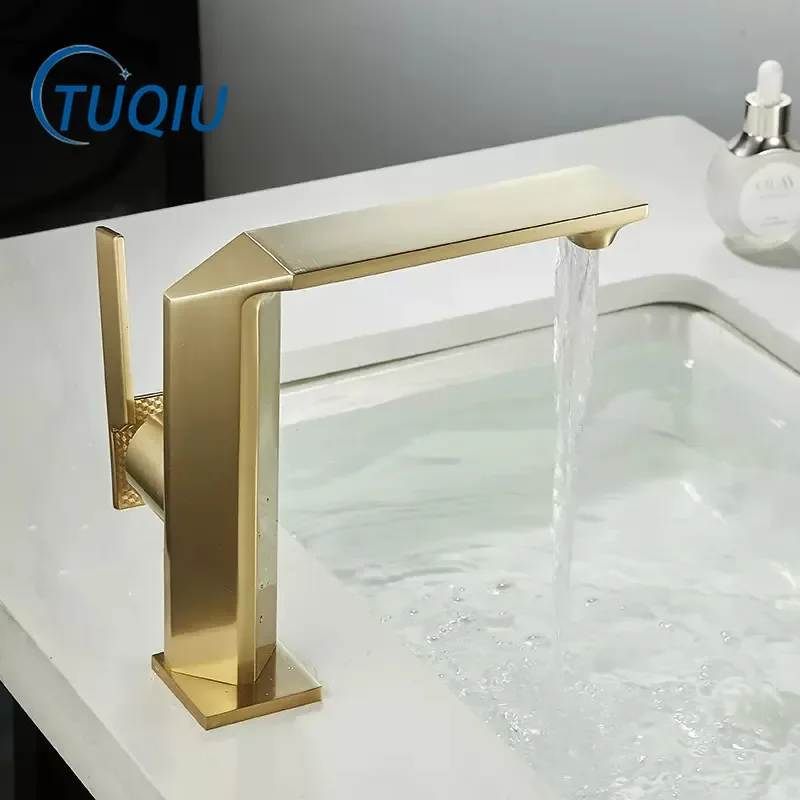 

Brushed Gold Bathroom Faucet Black Basin Faucets Hot Cold Sink Faucet Water Mixer Crane Deck Mounted Bathroom Tap